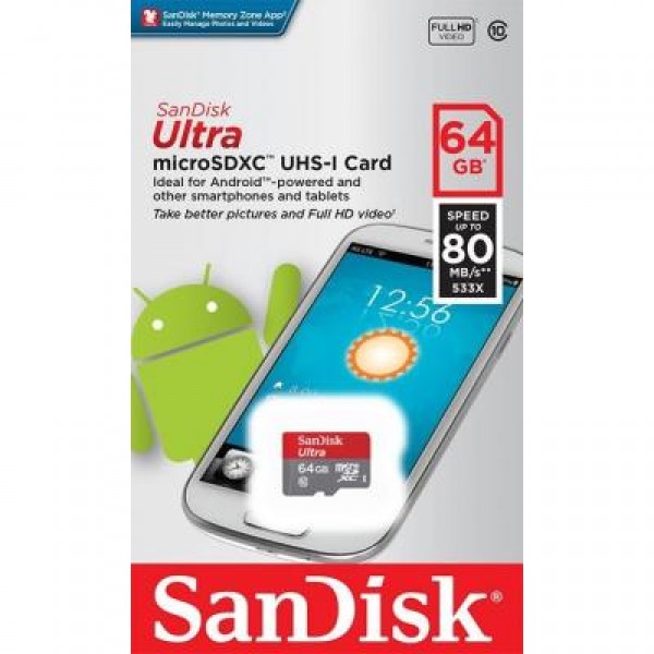 Карта памяти SanDisk 64GB microSD Class 10 UHS-I Ultra (SDSQUNS-064G-GN3MN)