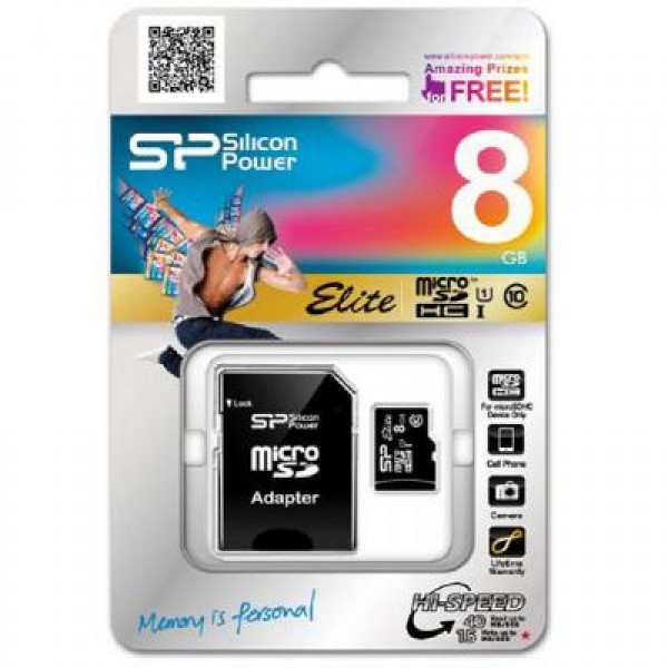 Карта памяти Silicon Power 8Gb microSDHC class 10 (SP008GBSTHBU1V10SP)