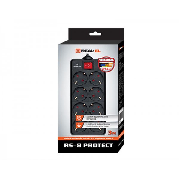 Сетевой фильтр REAL-EL RS-8 PROTECT 1.8m черный UAH