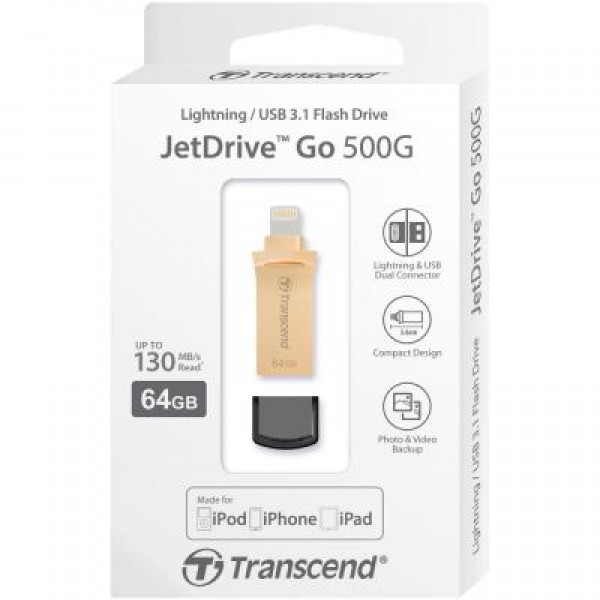 Флешка Transcend 64GB JetDrive Go 500 Gold USB 3.1/Lightning (TS64GJDG500G)