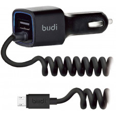 Автомобильное зарядное устройство BUDI Car charger Blue Led MicroUsb 1.2 m + 1USB 2.4A Black